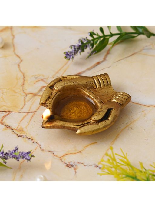 eCraftIndia Golden Handcrafted Lady Hand Holding Diya Ethnic Design Brass Diya