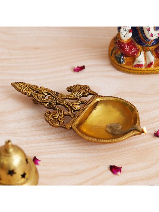 eCraftIndia Golden Ethnic Design Brass Diya with Handle - Ideal for Home Temple