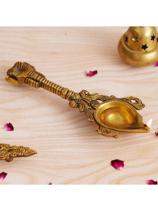 eCraftIndia Golden Handcrafted Ethnic Design Brass Diya with Handle
