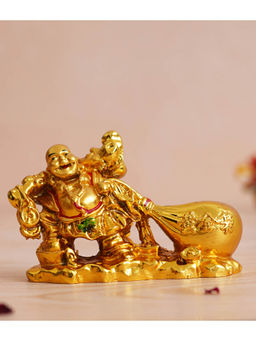 eCraftIndia - Golden Polyresin Feng Shui Laughing Buddha Idol with Money Bag
