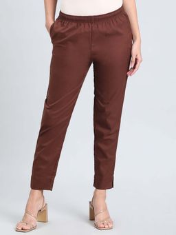 Go Colors - Soft Cotton Pencil Pant Full Length for Women Breathable Mid Rise Dark Brown