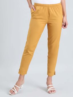 Go Colors - Soft Cotton Pencil Pant Full Length for Women Breathable Mid Rise Light Mustard