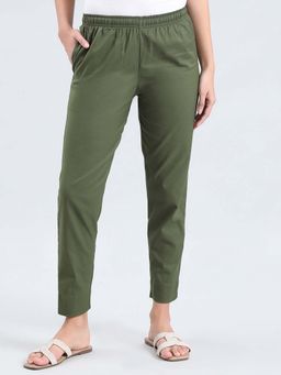Go Colors - Soft Cotton Pencil Pant Full Length for Women Breathable Mid Rise Olive Green