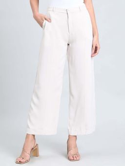 Go Colors - Poly Spandex Crepe Wide Pants Full Length for Women Lightweight Mid Rise Cream