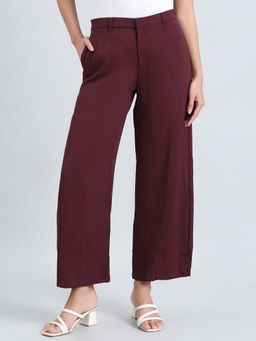 Go Colors - Poly Spandex Crepe Wide Pants Full Length for Women Lightweight Mid Rise Dark Wine
