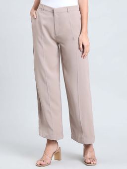 Go Colors - Poly Spandex Crepe Wide Pants Full Length for Women Lightweight Mid Rise Light Beige
