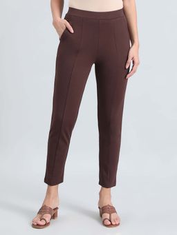 Go Colors - Viscose Stretch Blend Ponte Pants Full Length for Women Breathable Mid Rise Brown