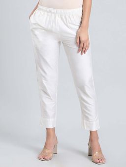 Go Colors - Modal Spandex Metallic Pants Full Length for Women Lightweight Mid Rise White