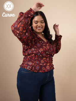 Twenty Dresses by Nykaa Fashion - Curve Maroon Floral Print V Neck Top