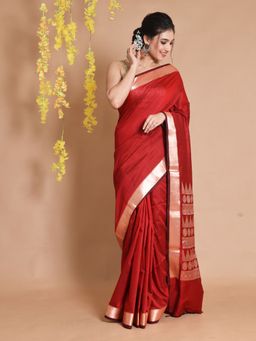 CHARUKRITI - Brick Red Silk Handwoven Temple Borders & Ethnic Patterns Saree with Unstitched Blouse