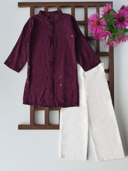 Bella Moda - Schiffili Full Peasant Sleeves Kurta & Pyjama - Purple