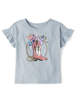 The Children's Place - Girls Grey Ruffled Sleeve Printed T-Shirt