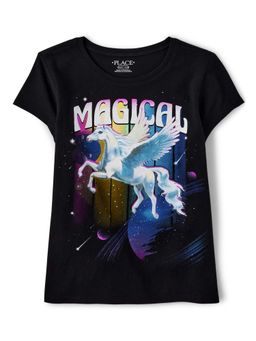The Children's Place - Girls Black Unicorn Printed T-Shirt