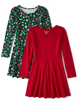 The Children's Place - Girls Red Plain and Green Christmas Theme Dress (Pack of 2)