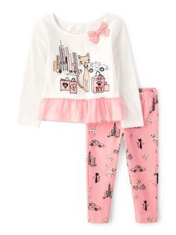 The Children's Place - Girls White Printed Top with Pink Printed Leggings (Set Of 2)