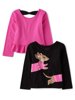 The Children's Place - Girls Plain Pink and Black Printed Tops (Set Of 2)