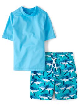 The Children's Place - Boys Aqua Print Rashguard Swimsuit (Set of 2)
