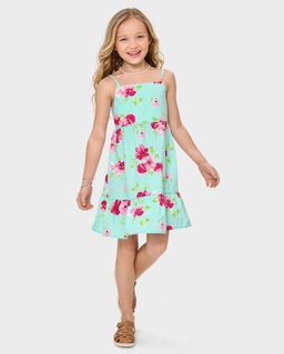 The Children's Place - Girls Aqua Floral Bow Back Poplin Tiered Dress