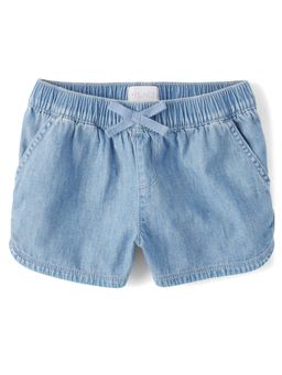 The Children's Place - Girls Chambray Solid Elastic Blue Denim Shorts
