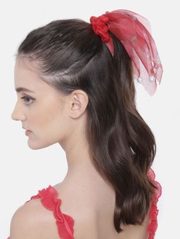 Laida - Red Organza Floral Scrunchie for Women and Kids