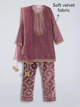 Hopscotch - Velvet Lace Work Sequin Anarkali Kurta with Pant & Dupatta