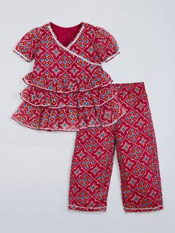 Hopscotch - Red Bandhani Print Ruffled Kurta with Palazzo