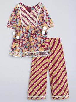 Hopscotch - Beige Lace Embellished Kurta and Palazzo