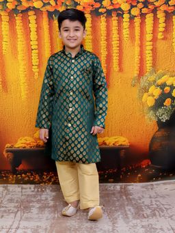 BownBee - Boys Navy Blue Front Open Jacquard Sherwani with Pajama
