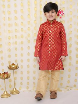 BownBee - Boys Red Front Open Jacquard Sherwani with Pajama