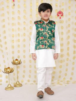 BownBee - Boys Green Pure Cotton Kurta with Pajama & Jacquard Jacket