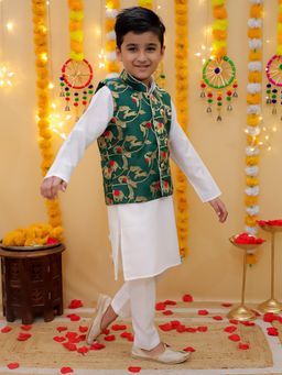 BownBee - Boys Green Pure Cotton Kurta with Pajama & Jacquard Jacket