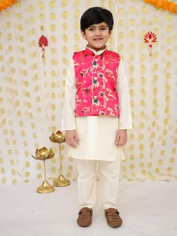 BownBee - Boys Pink Pure Cotton Kurta with Pajama & Jacquard Jacket