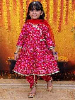 BownBee - Red Girls Pure Cotton Tier Kurta with Dhoti Pant & Dupatta