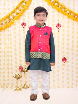 BownBee - Boys Green Cotton Silk Jacket with Kurta & Pajama