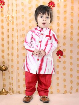 BownBee - Boys Red Hand Dyed Chanderi Silk Sherwani with Salwar