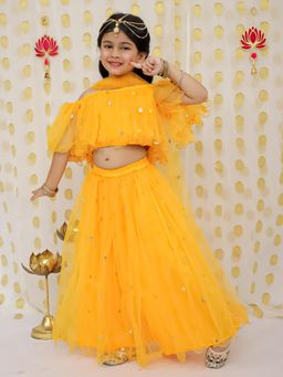 BownBee - Girls Yellow Sequin Net Ruffle Lehenga with Blouse & Dupatta