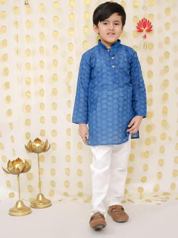 BownBee - Boys Blue Chikankari Full Sleeve Cotton Kurta with Pajama