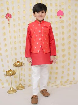 BownBee - Boys Red Jacquard Full Sleeve Cotton Kurta with Pajama & Jacket