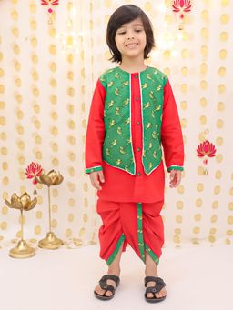 BownBee - Boys Parrot Printed Long Sleeves Dhoti Pant with Kurta & Attach Jacket