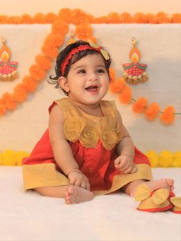 BownBee - Infant Girls Red Chanderi Flower Dress Frock with Booties & Hairband