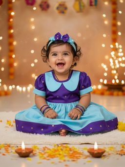 BownBee - Infant Girls Purple Festive Half Sleeves Collared Dress & Hairband