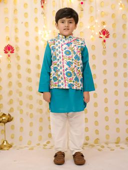 BownBee - Boys Pure Cotton Printed Jacket with Kurta & Pajama