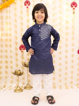 BownBee - Boys Navy Blue Pure Cotton Lurex Kurta with Pajama
