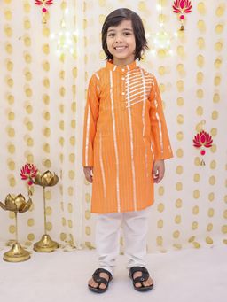 BownBee - Boys Orange Pure Cotton Lurex Kurta with Pajama