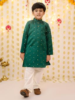 BownBee - Boys Green Festive Full Sleeves Silk Kurta with Pajama
