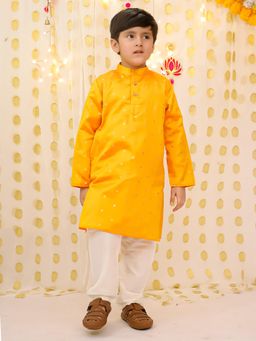 BownBee - Boys Orange Festive Full Sleeves Silk Kurta with Pajama