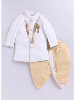 Little Collars - Jaquard Zari Work Achkan Kurta with Dhoti Pant & Brooch, Necklace