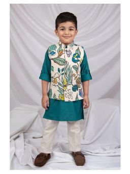 Little Collars - Floral Printed Blue Kurta with Pajama & Nehru Jacket