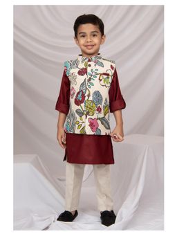 Little Collars - Floral Printed Maroon Kurta with Pajama & Nehru Jacket