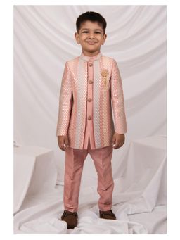 Little Collars - Peach Sequins Embellished Embroidered Achkan Kurta with Pajama & Brooch